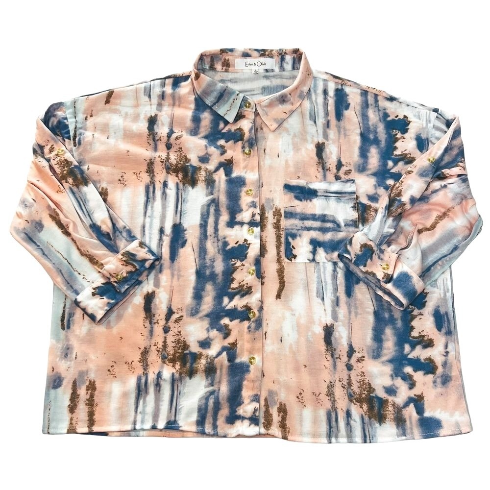 Eden & Olivia Womens Large Abstract Button Front Blouse Roll Tab Pocket Top‎ L